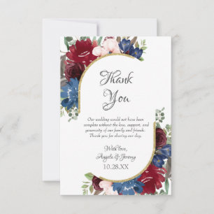 Navy Blue Gold Burgundy Red Blush Floral Wedding Thank You Card