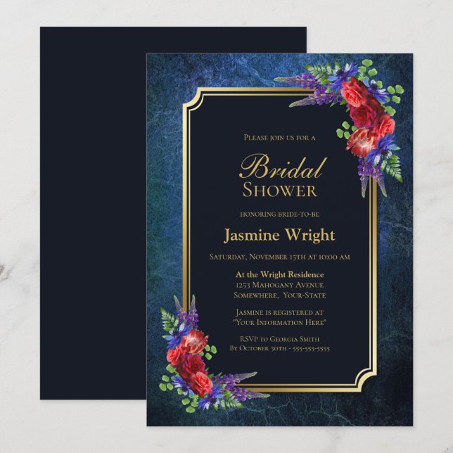 Navy Blue Gold Burgundy Rose Bridal Shower Invitation (Front/Back)