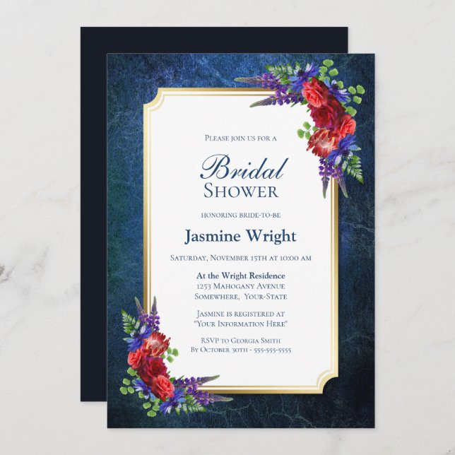 Navy Blue Gold Burgundy Rose Bridal Shower Invitation (Front/Back)