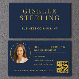 Navy Blue Gold Business Consultant Photo QR Code Card