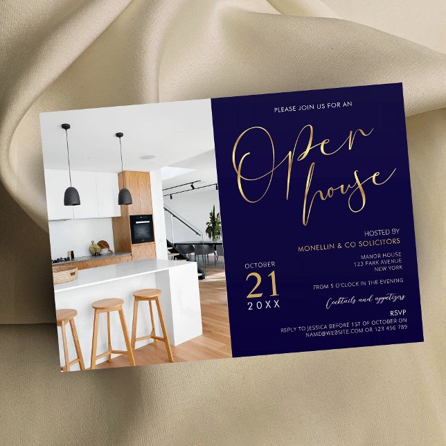 Navy Blue & Gold Business Logo Open House Photo Invitation (Elegant navy blue & gold open house photo invitation for your event)