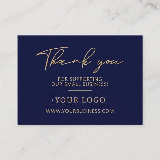 Navy Blue & Gold Business Logo Packaging Thank you Business Card (Front)