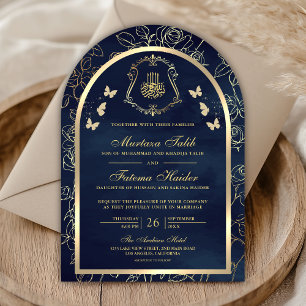 Navy Blue Gold Butterfly Arch Muslim Wedding Invitation