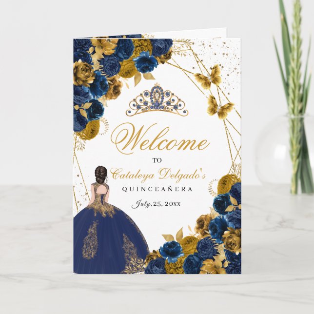 Navy Blue & Gold Butterfly Quinceanera Program Invitation (Front)
