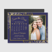 Navy Blue & Gold Calendar Photo Save Date Magnet