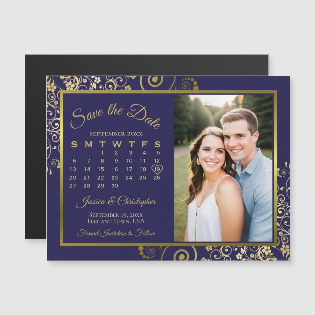 Navy Blue & Gold Calendar Photo Save Date Magnet (Front/Back)