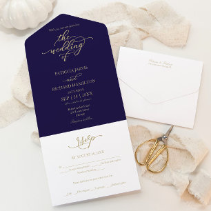 Navy Blue Gold Calligraphy All in One Wedding   Invitation