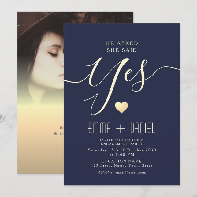 Navy Blue Gold Calligraphy Engagement Party Invitation (Front/Back)