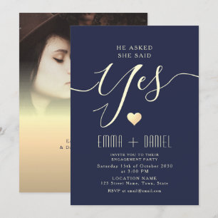 Navy Blue Gold Calligraphy Engagement Party Invitation
