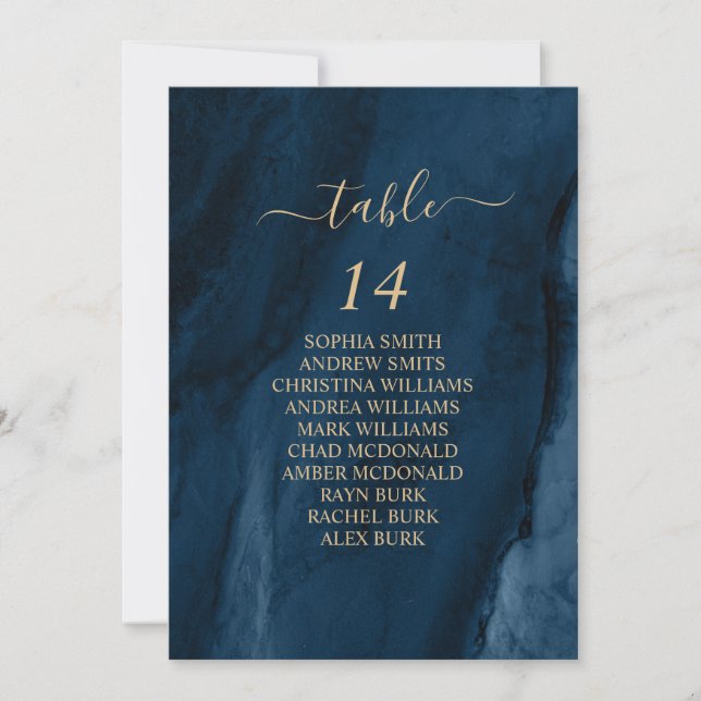 Navy Blue & Gold Calligraphy Seating Chart Cards (Front)