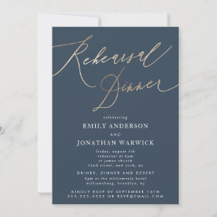 Navy Blue & Gold Calligraphy Wedding Rehearsal Invitation
