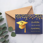 Navy blue gold cap confetti Graduation Party Save The Date<br><div class="desc">A Save the date card for a graduation party. On front: A navy blue background, golden text. The blue colour is uneven. Templates for a name and date. The name and the text: Save the Date are written with a modern hand lettered style script. With a faux gold cap, tassel...</div>