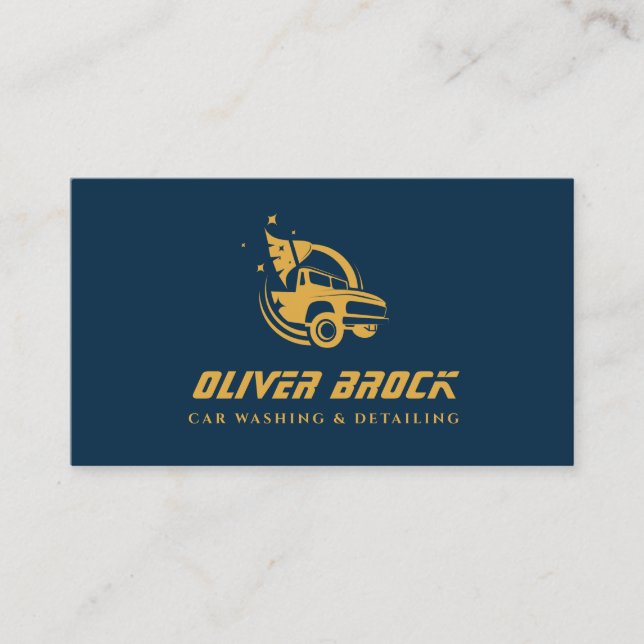 Navy Blue & Gold Car Wash & Auto Detailing  Business Card (Front)