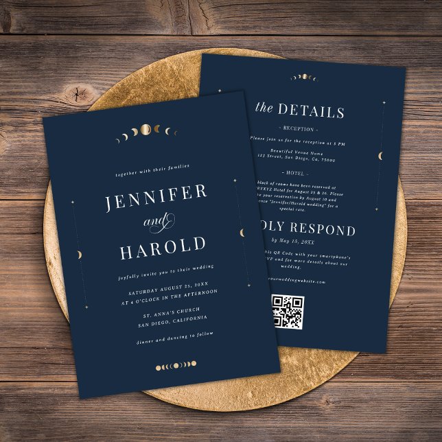Navy Blue & Gold Celestial Moon All in One Wedding Invitation (Creator Uploaded)