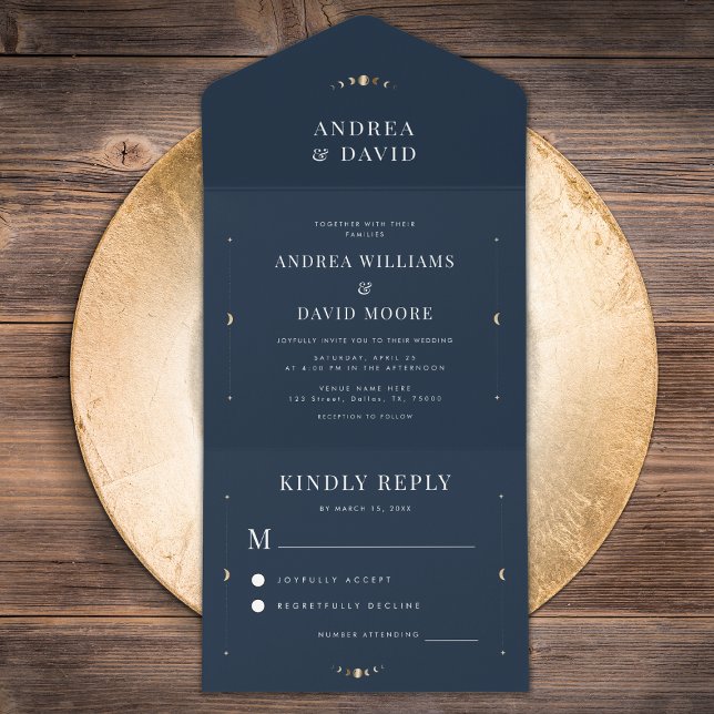 Navy Blue Gold Celestial Moon Cycle Mystic Wedding All In One Invitation (Creator Uploaded)