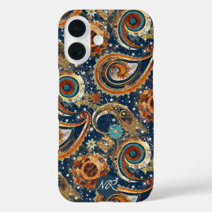 Navy Blue Gold Celestial Paisley Pattern Monogram iPhone 16 Case