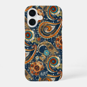 Navy Blue Gold Celestial Paisley Pattern Monogram iPhone 16 Case
