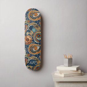  Navy Blue Gold Celestial Paisley Pattern Monogram Skateboard