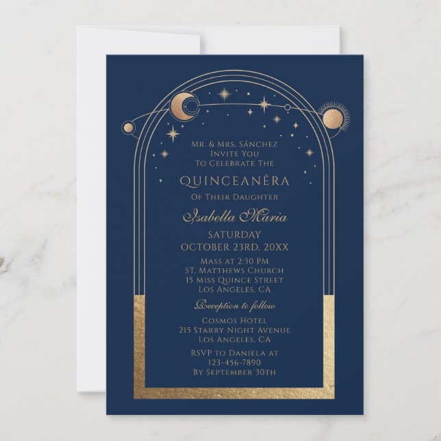Navy Blue Gold Celestial Quinceañera Invitation (Front)