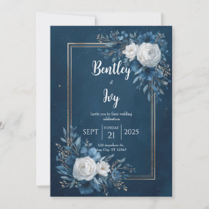 Navy Blue Gold Celestial Ranunculus Wedding Invitation