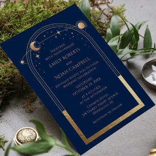 Navy Blue Gold Celestial Sun Moon Stars Wedding Invitation