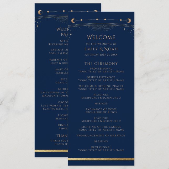 Navy Blue Gold Celestial Sun Moon Stars Wedding Programme (Front/Back)