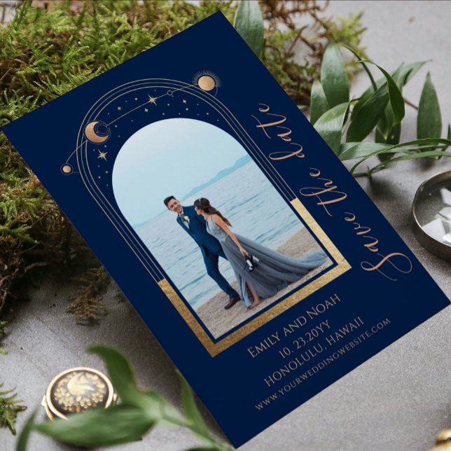 Navy Blue Gold Celestial Wedding Photo Save The Date (Creator Uploaded)