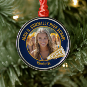 Navy Blue Gold Cheerleader Photo Christmas Metal Tree Decoration
