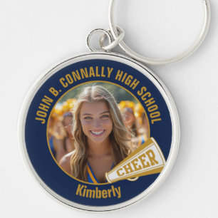 Navy Blue Gold Cheerleader Photo High School Key Ring