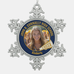 Navy Blue Gold Cheerleader Photo High School Snowflake Pewter Christmas Ornament