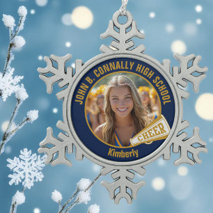 Navy Blue Gold Cheerleader Photo Snowflake Pewter Christmas Ornament