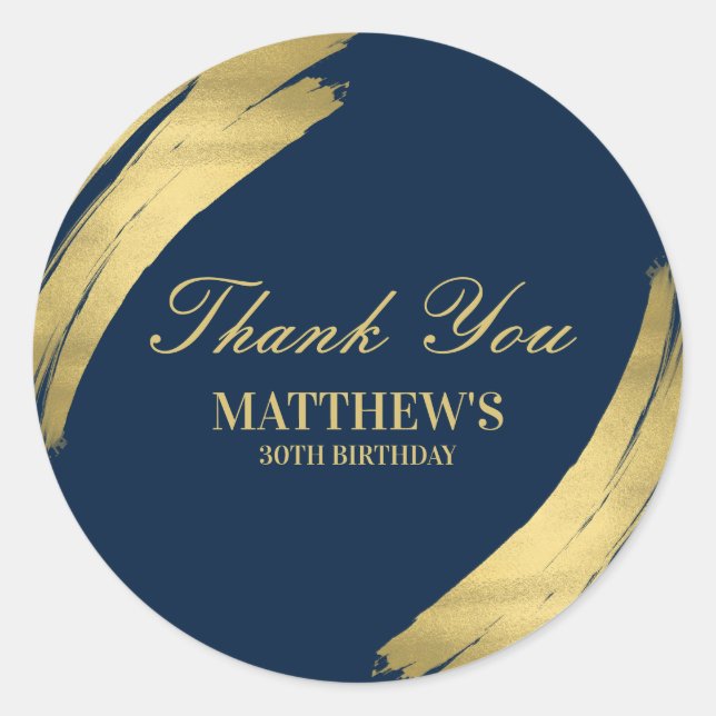 Navy Blue Gold Chic Elegant Birthday Thank you  Classic Round Sticker (Front)