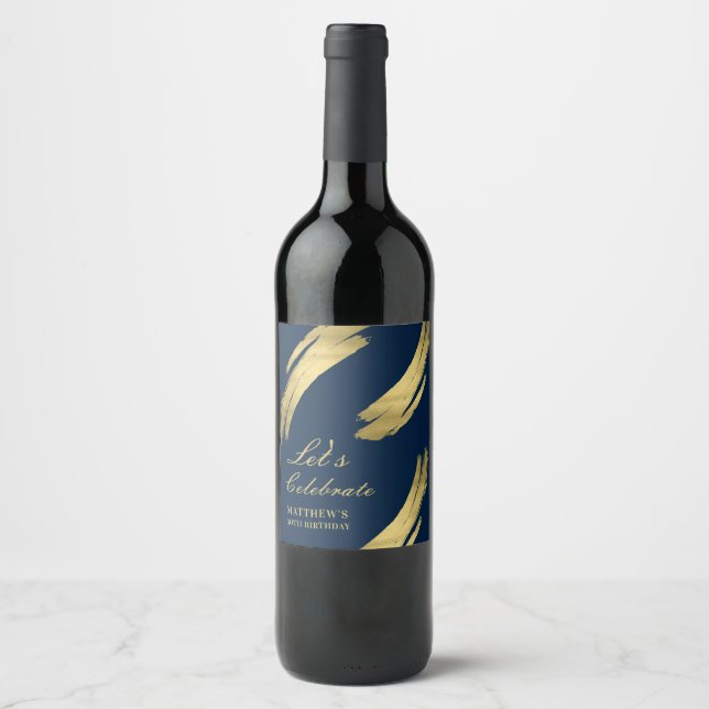 Navy Blue Gold Chic Elegant Birthday Wine Label (Front)