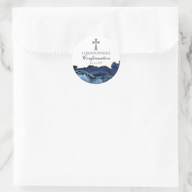 Navy Blue Gold Christian Cross Confirmation Party Classic Round Sticker (Bag)