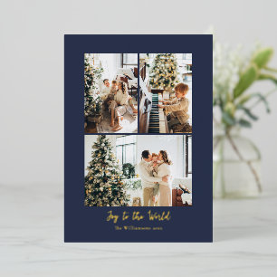 Navy Blue Gold Christmas Family Photo Collage Joy Foil Holiday Card
