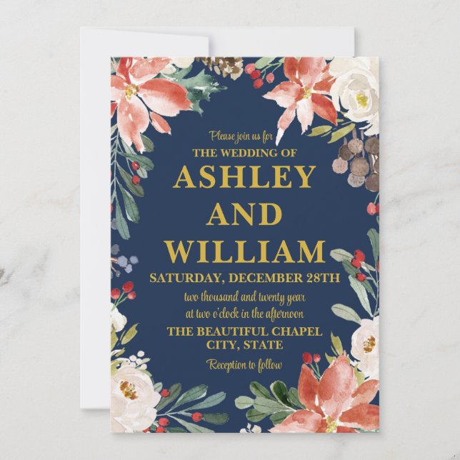 Navy Blue & Gold Christmas Winter Greenery Wedding Invitation (Front)