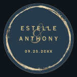 Navy Blue Gold Circle Frame Ampersand Wedding Classic Round Sticker<br><div class="desc">This wedding sticker features a faux gold circle frame with an elegant ampersand and simple calligraphy with a navy blue background.</div>