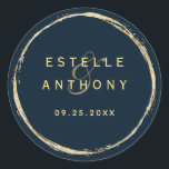 Navy Blue Gold Circle Frame Ampersand Wedding Classic Round Sticker<br><div class="desc">This wedding sticker features a faux gold circle frame with an elegant ampersand and simple calligraphy with a navy blue background.</div>