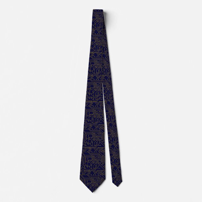 Navy Blue Gold Circuit Board Men's  Tie (Front)