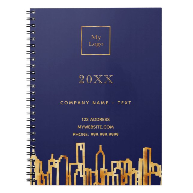 Navy blue gold city skyline business logo notebook (Front)