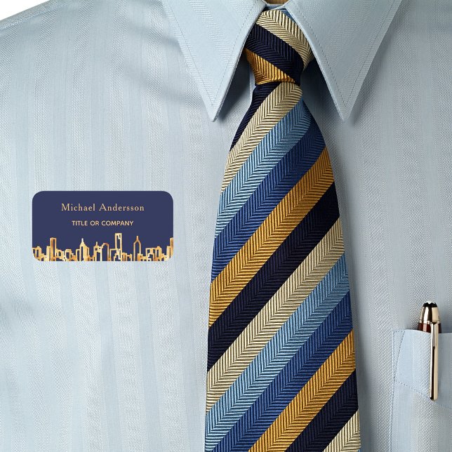 Navy blue gold city skyline name tag (Creator Uploaded)