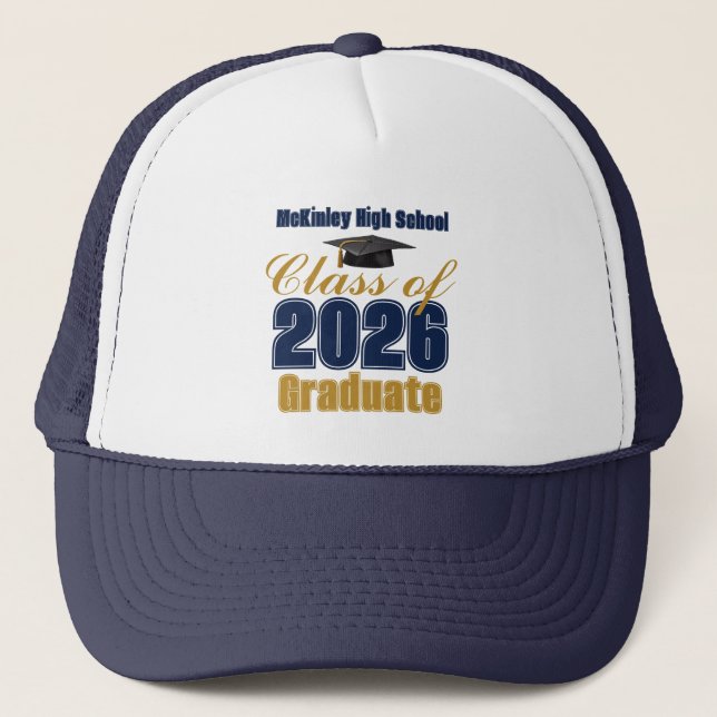 Navy Blue Gold Class of 2026 Graduation Custom Trucker Hat (Front)