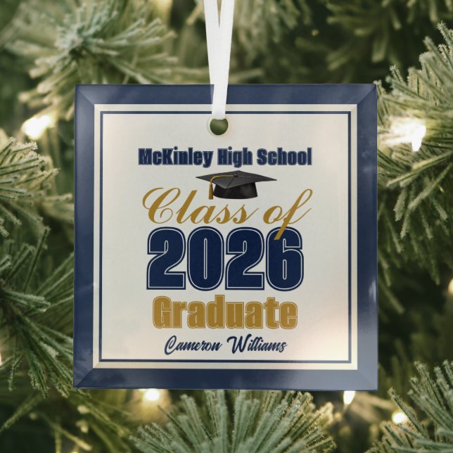 Navy Blue Gold Class of 2026 Graduation Glass Tree Decoration (Insitu)