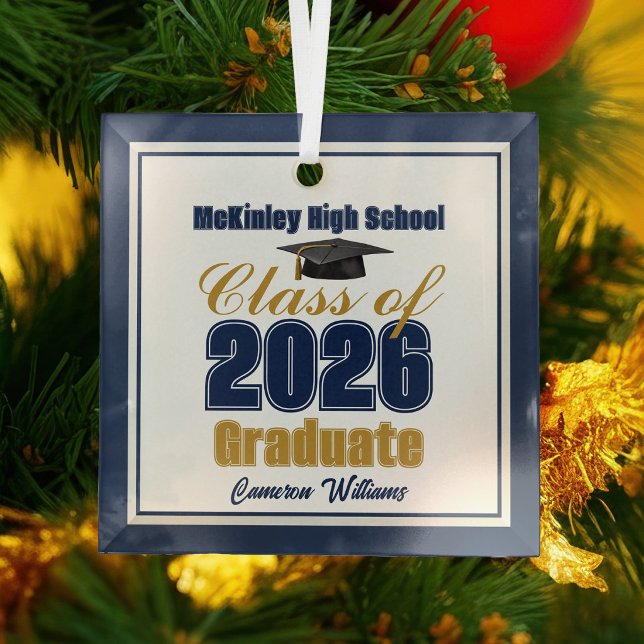 Navy Blue Gold Class of 2026 Graduation Glass Tree Decoration (Creator Uploaded)