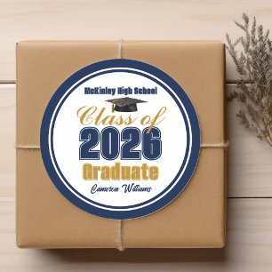 Navy Blue Gold Class of 2026 Graduation Party Classic Round Sticker