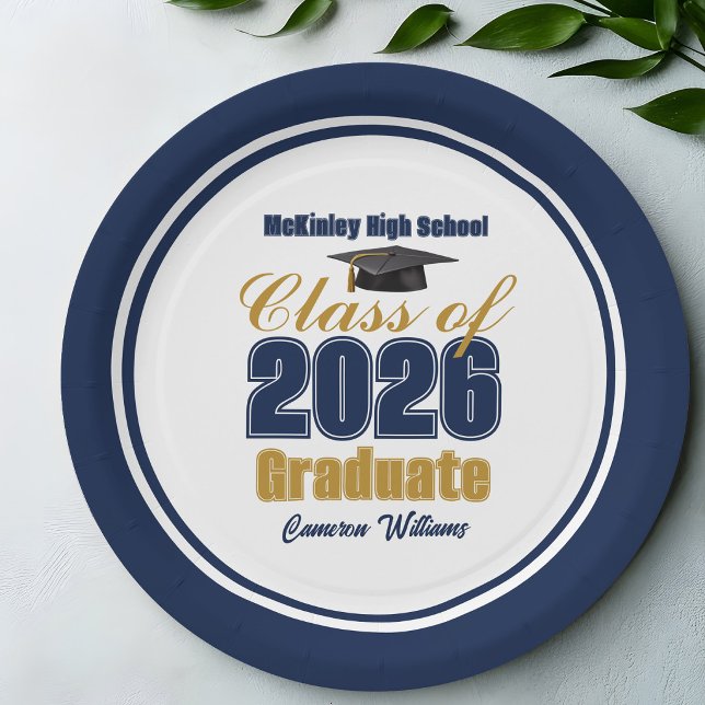 Navy Blue Gold Class of 2026 Graduation Party Paper Plate (Creator Uploaded)