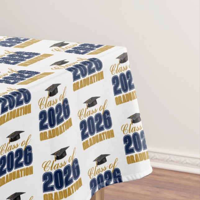 Navy Blue Gold Class of 2026 Graduation Party Tablecloth (In Situ)