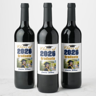 Navy Blue Gold Class of 2026 Graduation Photo Wine Label