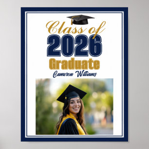 Navy Blue Gold Class of 2026 Photo Graduation Poster