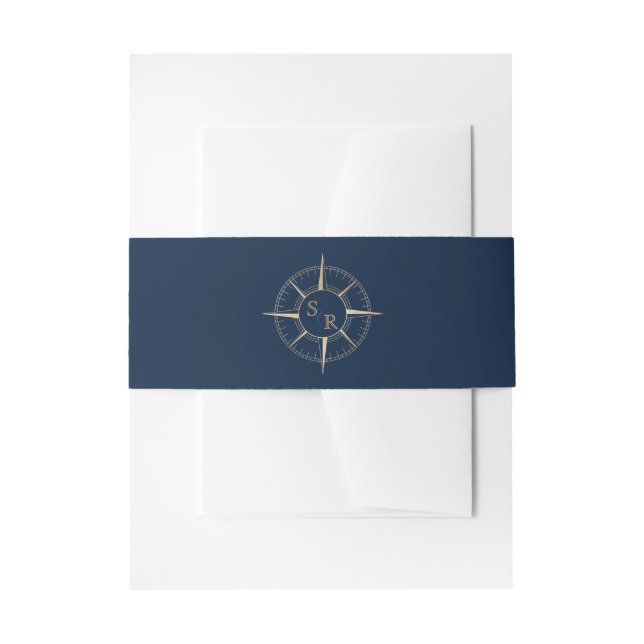 Navy Blue Gold Compass Monogram Passport Invitation Belly Band (Front Example)